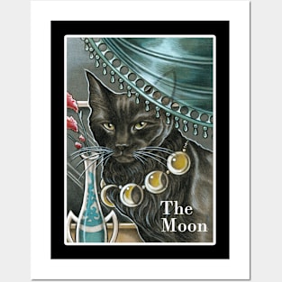 Black Cat with Moon Necklace - White Outline - "The Moon" Posters and Art